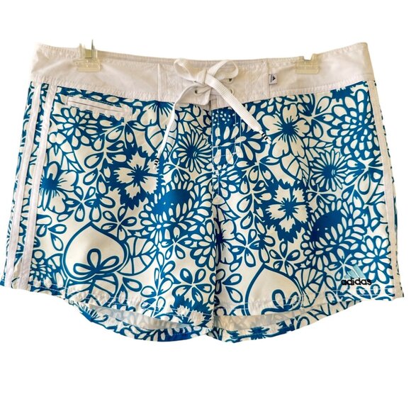 Adidas Pants - Adidas Junior Size 7 Board Shorts Floral Teal White Velcro & Tie Waistband